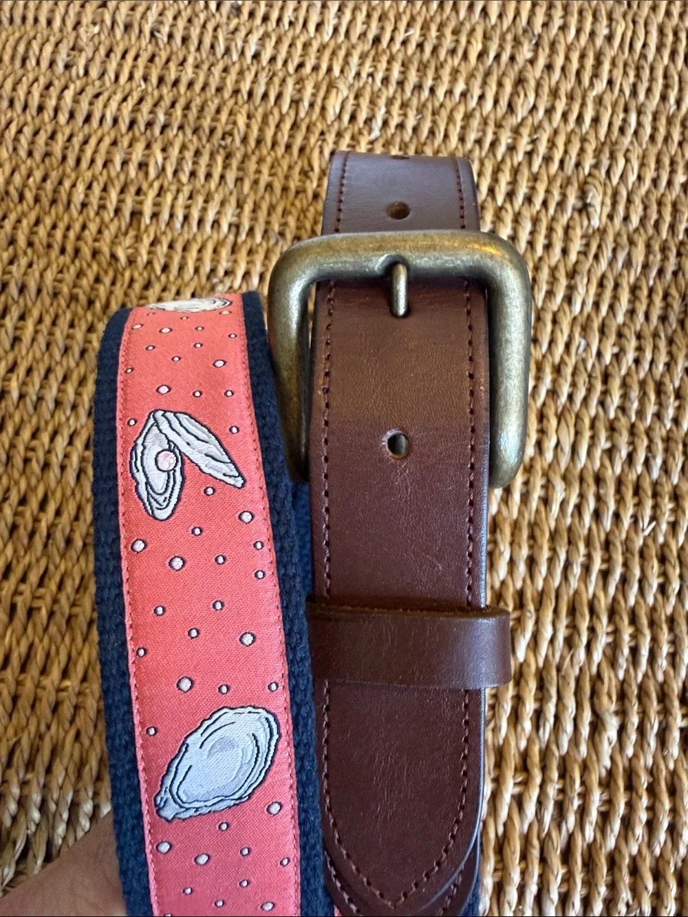 Brown Leather and Red Patterned Men’s Belt